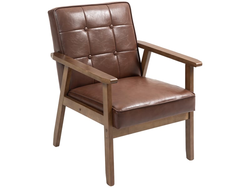  Fauteuil de salon, fauteuil de chambre en cuir synthétique, dossier capitonné, pieds en bois massif, 64x73x81cm, marron  - Conforama B
