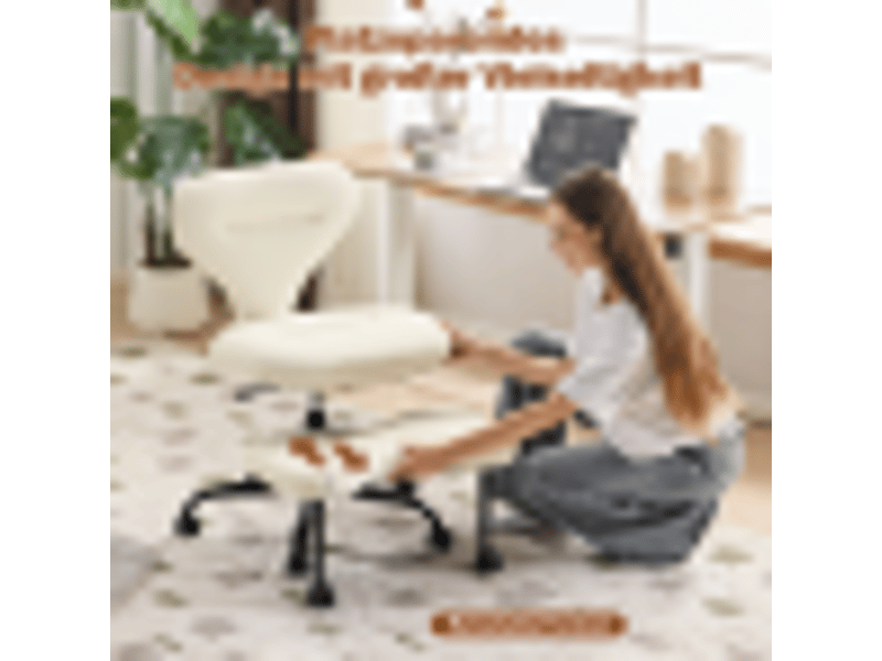 Chaise de bureau jambes croisées blanc en simili cuir, assise pivotante 360°, hauteur réglable, repose-pieds rétractable  - Conforama E