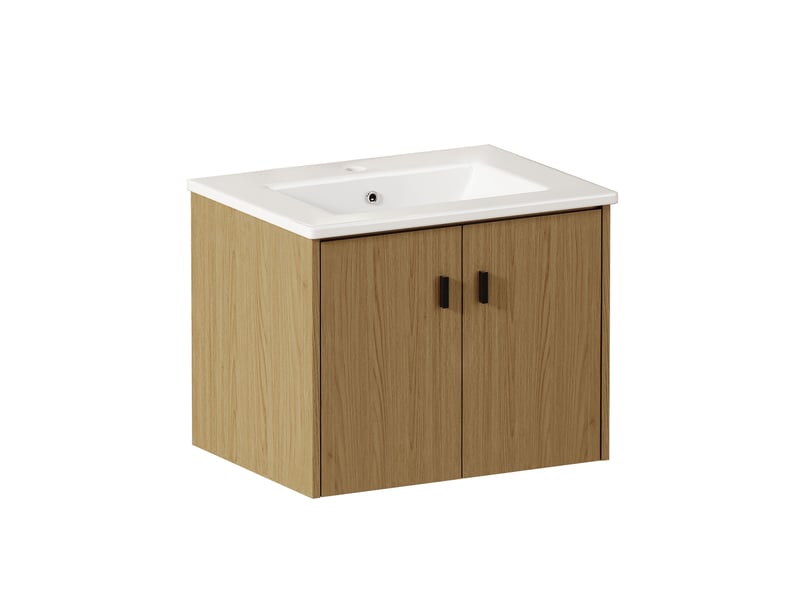  Meuble de salle de bain 60 cm à 2 portes à fermeture douce - lpospi - rangement mdf - chêne clair  - Conforama A