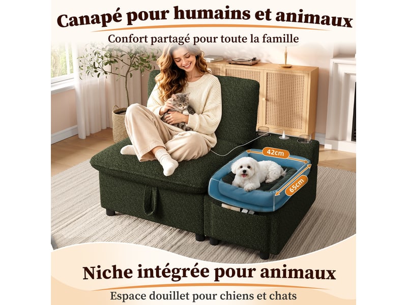  Fauteuil 1 place 110x81x87 cm, canapé avec rangement, rangement dissimulé, rangement intégré, ports usb et type-c, design moderne, tissu bouclé vert CozyNest - Conforama E