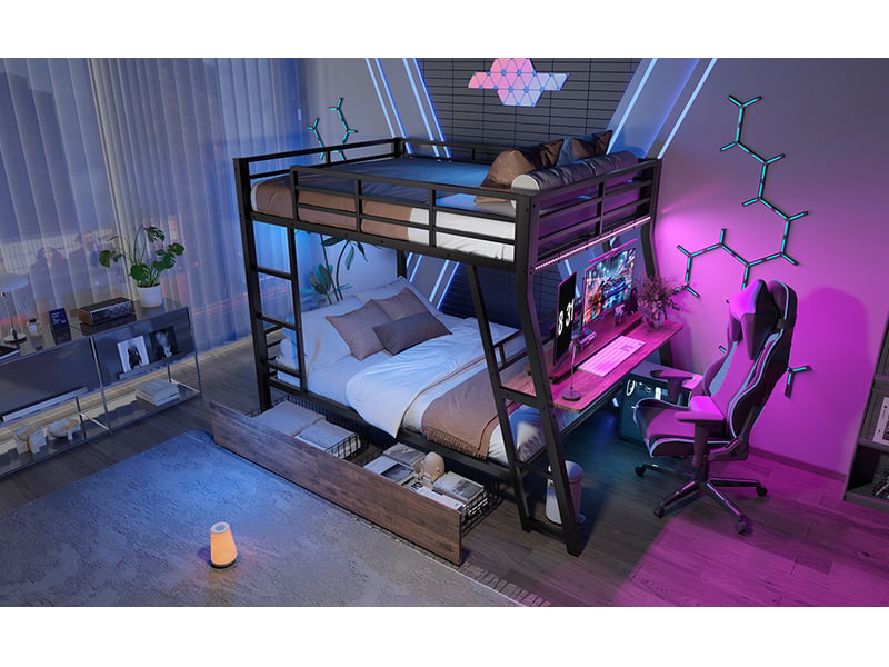  Lits superposés 140 × 200 cm, bureau latéral, 2 tiroirs sous le lit, led et échelle, structure en métal et mdf, noir  - Conforama B