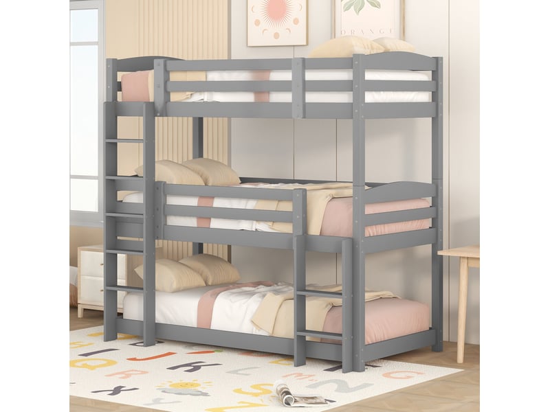 Lit superposé triple, 90x200 cm, configuration superposée, pour enfants, matelas non inclus, bois et mdf, coloris gris  - Conforama B