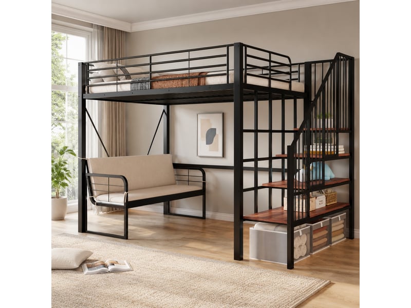  Lit mezzanine 140 x 200 cm en métal avec canapé amovible et escalier coffre noir  - Conforama B
