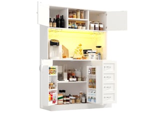 Buffet haut de cuisine 120 x 40 x 188 cm, meuble de rangement avec led, 4 portes, 4 tiroirs, étagère snacks et porte-boissons