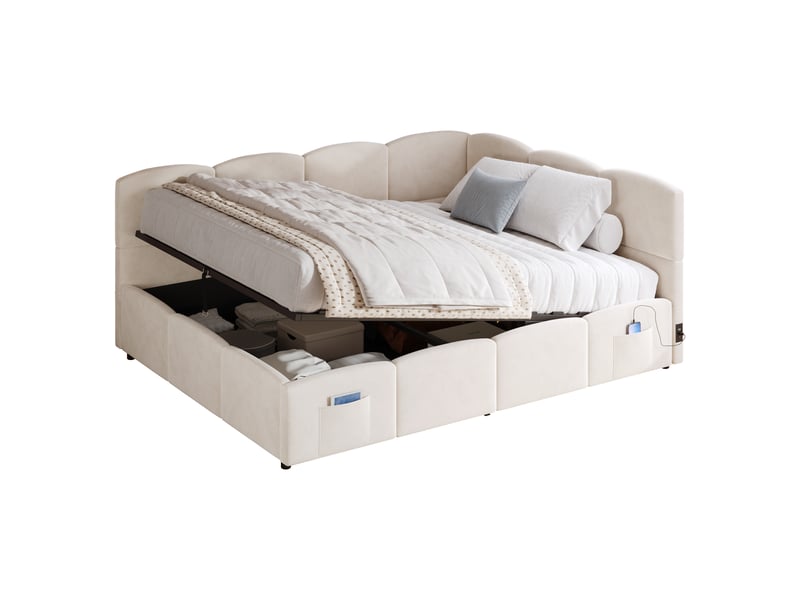  Lit banquette 140 × 190 cm 2 places avec coffre, usb et usb-c, poche latérale, sans matelas, beige  - Conforama A