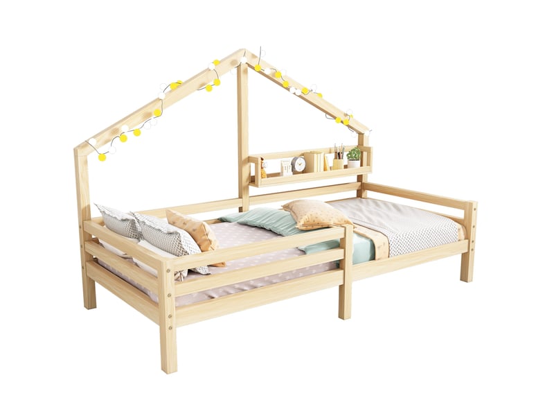  Lit cabane enfant 90x200 cm, étagère intégrée, design cheminée, finition bois naturel Fay Lum - Conforama A