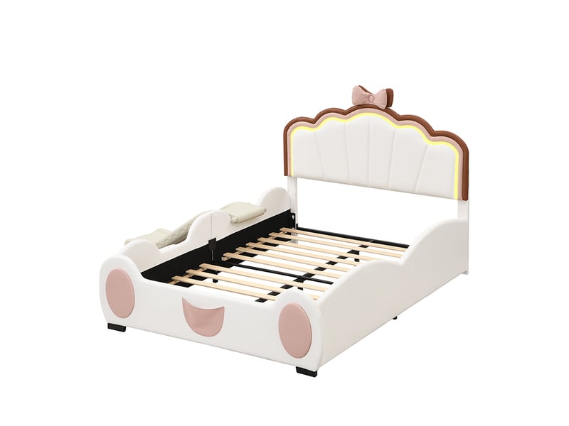  Lit enfant 140x200 cm forme papillon avec led et toboggan, pu, rose et blanc, sans matelas  - Conforama D