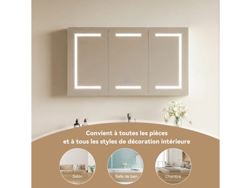  Armoire de toilette miroir avec led, 2 usb,100 x 60 x 13,5 cm ,antibuée,meuble salle de bain rangement,3 portes,fixation murale  - Conforama E