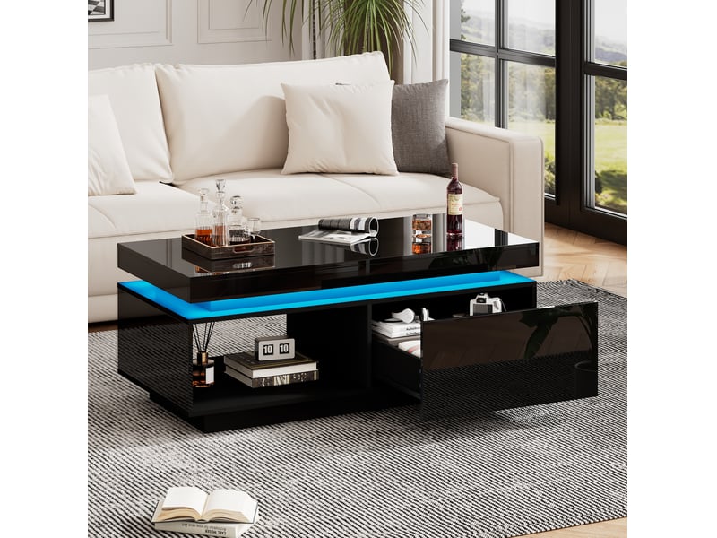  Table basse 100x50x40 cm avec éclairage led et tiroir en panneau de particules noir  - Conforama E