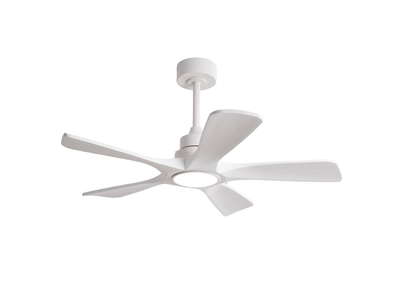  Ventilateur de plafond 106x106 cm avec éclairage led 3 températures, moteur réversible, 6 vitesses, bois et métal blanc  - Conforama A