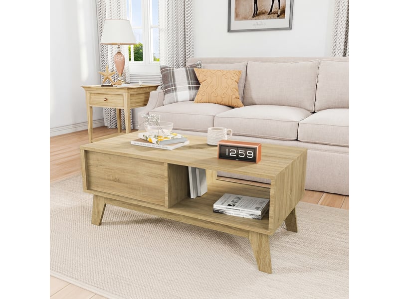  Table basse avec porte coulissante à lamelles, rangement intégré, finition bois clair 48×95×41cm  - Conforama B