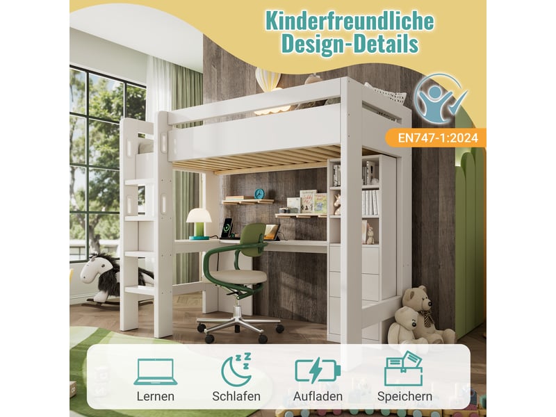  Lit mezzanine avec bureau en l et étagères, lit enfant 90x200 blanc avec ports usbtype-c, sommier inclus  - Conforama D