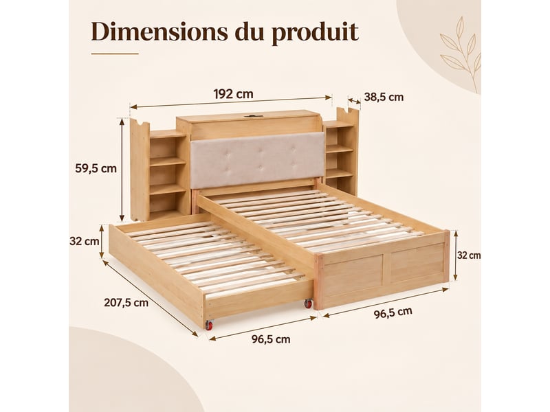  Lit gigogne 90 x 200 à 180 x 200 cm avec tête de lit rangement et roulettes, pour enfant ou chambre d’amis, bois massif et mdf, naturel OMNIGLINT TRADING LTD - Conforama D