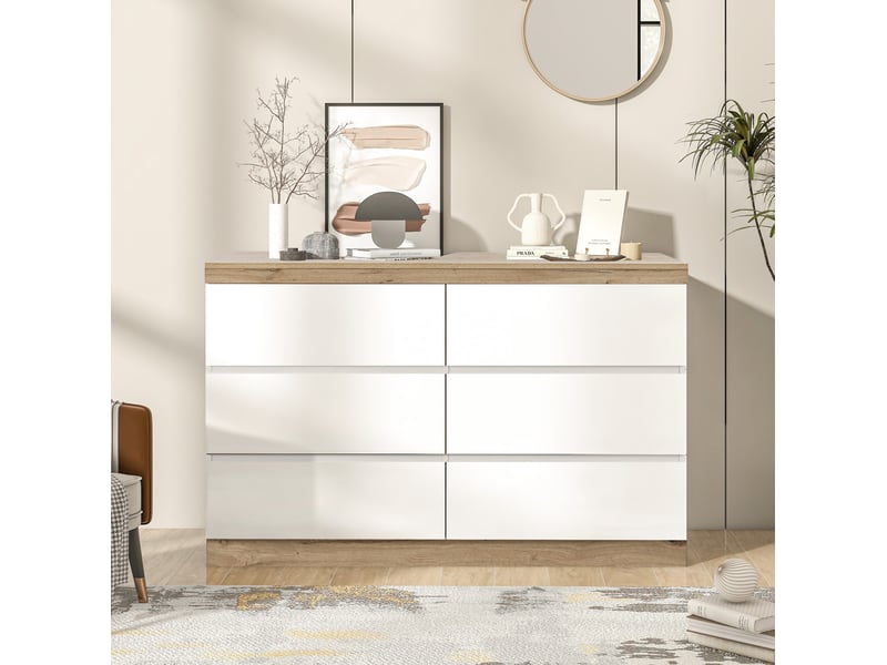  Commode 6 tiroirs 110x40x67,5 cm grand rangement, stabilité, montage facile, panneau de particules, blanc et chêne  - Conforama R