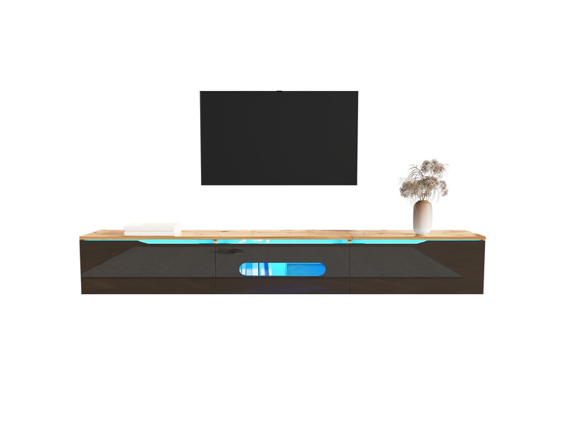 Meuble tv 180cm, montage mural avec finition brillante et éclairage led 16 couleurs meuble tv avec rangement - Conforama A