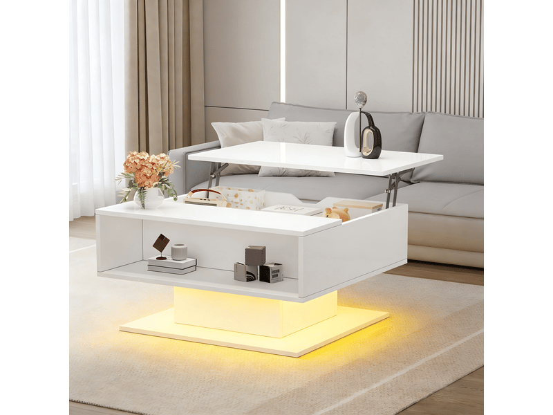  Table basse relevable 80x75x40cm, table de salon blanche avec rangement caché et led, finition brillante  - Conforama W
