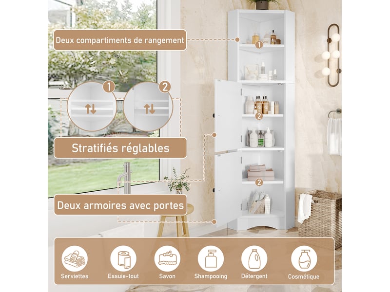  Meuble d'angle salle de bain 51,7x32x155,4 cm, rangement ajustable, armoire de rangement, design moderne, mdf blanc  - Conforama D