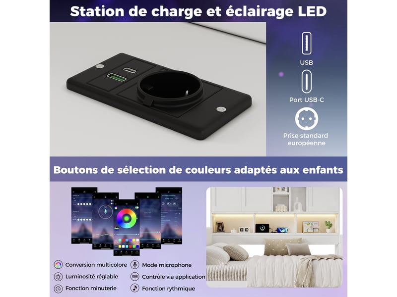  Lit enfant 140×200 cm avec led, usb, usb-c et 2 tiroirs  - sans matelas, mdf et pu blanc  - Conforama E