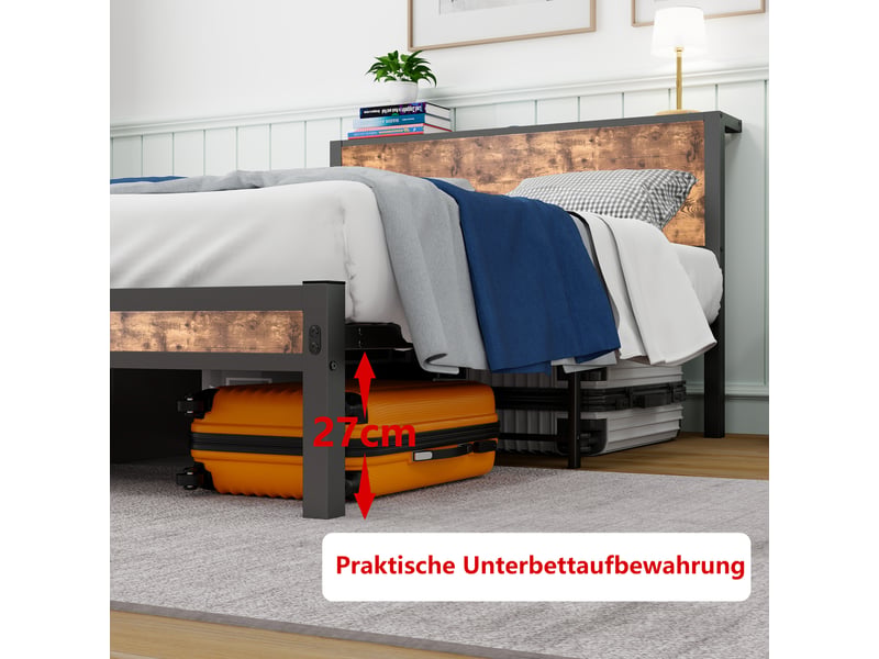  Lit simple 120×200 cm avec tête de lit et rangement - okmyhome- sans matelas, mdf et métal, brun antique  - Conforama E