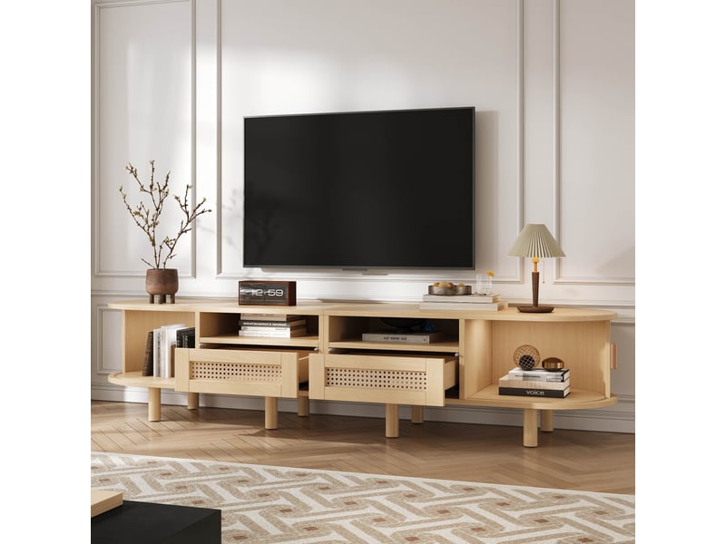  Meuble tv bas ovale 170 x 40 x 40 cm, 2 tiroirs effet rotin, 2 portes coulissantes, tv jusqu'à 70 pouces, mdf effet bois clair Radiant Stride - Conforama D