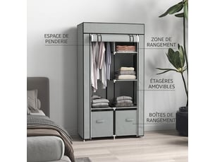 Armoire en tissu gris clair pliante avec penderie et 5 étagères, 83x42,5x162,5 cm