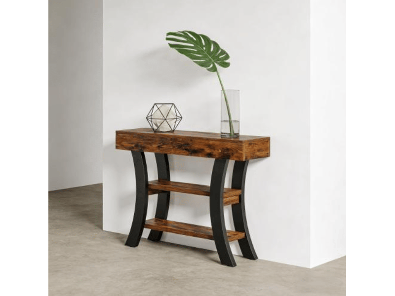  Table console 105x30x80 cm avec rangements ouverts mdf métal noir et marron rustique  - Conforama C