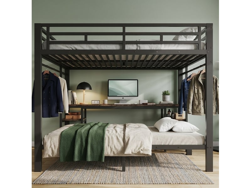  Lit superposé 140x200 et 90x200 cm en métal noir avec bureau et prises usb  - Conforama E