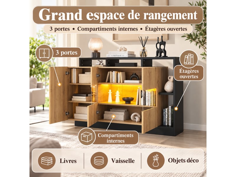 Buffet 140 x 44 x 94 cm, pour salle à manger ou salon, éclairage led avec commande bluetooth - Conforama B