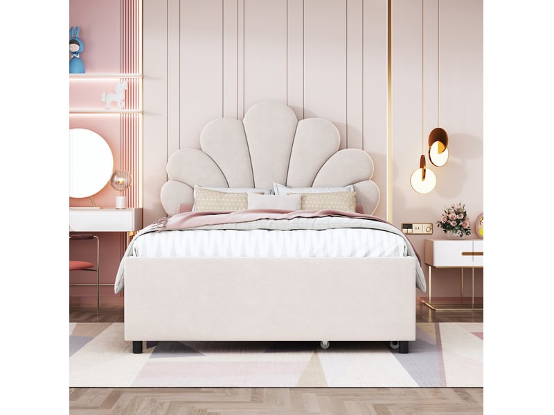 Lit enfant 90x200cm, tête de lit et sommier, lit simple avec 2 tiroirs de rangement, velours beige, sans matelas - Conforama D