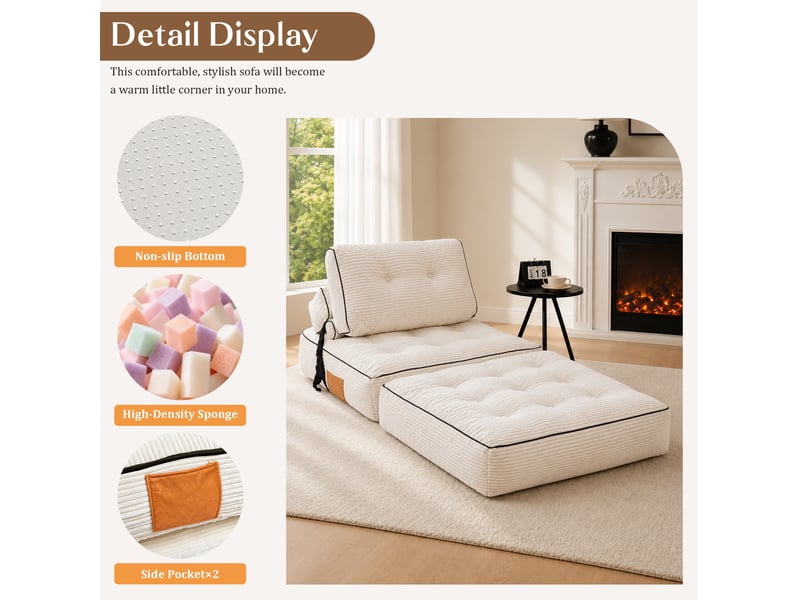 Canapé-lit pliable 1 place modenvie convertible en velours côtelé blanc 90 x 190 cm  - Conforama D