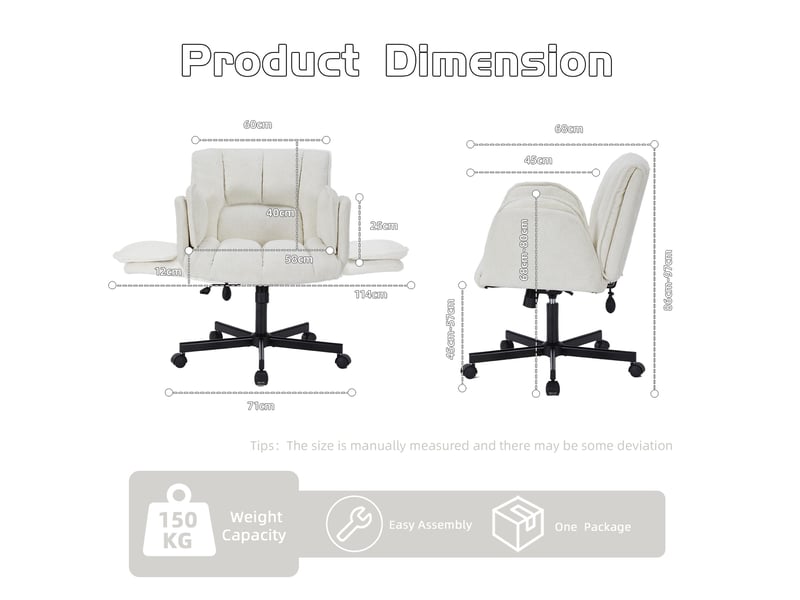  Fauteuil de bureau pivotant en tissu beige avec accoudoirs rabattables, hauteur réglable et roulettes  - Conforama D