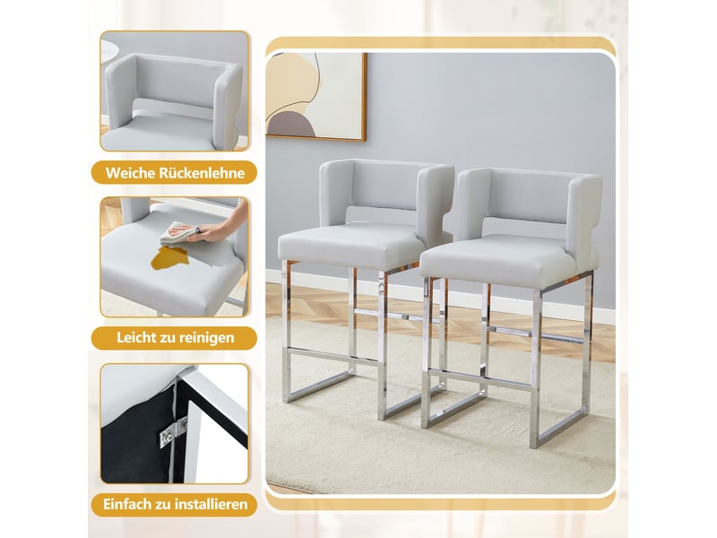  Tabouret de bar rembourré avec assise confortable et structure stable, en polyuréthane et métal argenté gris clair  - Conforama E