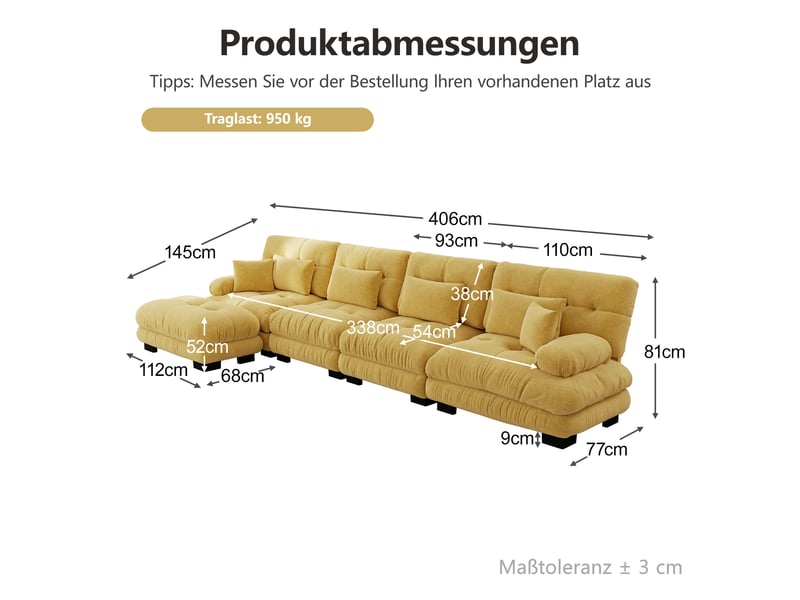 Canapé d'angle, canapé modulable – style cloud, 4 places, pouf amovible, jaune - Conforama W