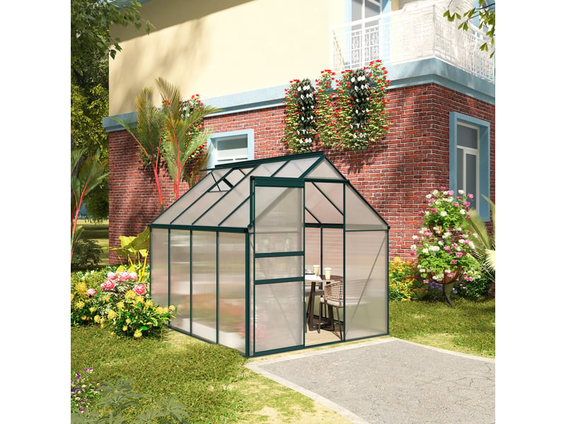  Serre de jardin en polycarbonate, métal et aluminium, anti-uv et coupe-vent, 190 x 253 x 199 cm, verte  - Conforama C