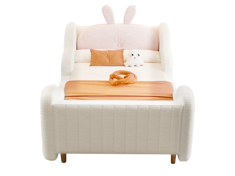  Lit enfant 90x200 en tissu bouclé blanc avec tête de lit rembourrée et coussin lapin, sans matelas  - Conforama A