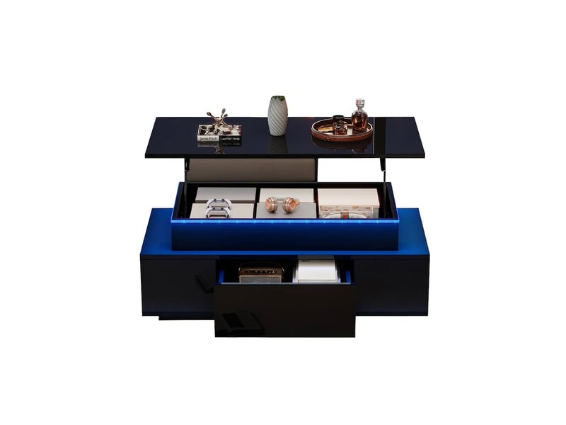  Table basse plateau relevable avec rangement caché et tiroir, table basse led noire, 96x45x40 cm, panneau de particules, noir  - Conforama A