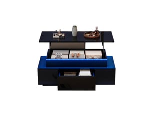 Table basse plateau relevable avec rangement caché et tiroir, table basse led noire, 96x45x40 cm, panneau de particules, noir