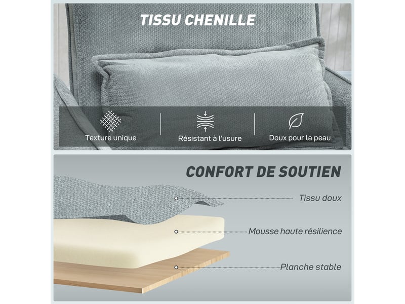  Fauteuil convertible 1 place 3 en 1, fauteuil-lit clic-clac en chenille, assise large dossier réglable, 88x84x87cm, gris  - Conforama R