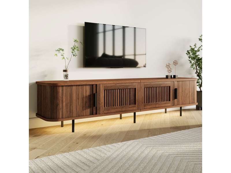  Meuble tv 180x40x44,5 cm noyer mdf et panneaux particules avec portes coulissantes tiroirs grilles éclairage led application evarich - Conforama D