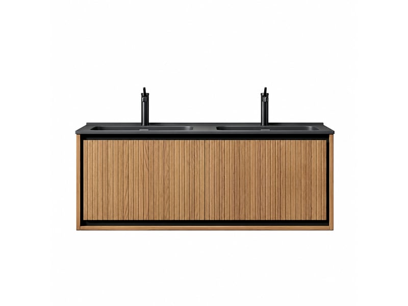 Meuble salle de bains suspendu 120 cm avec double vasque, finition chêne et résine noire  - Conforama A