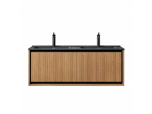 Meuble salle de bains suspendu 120 cm avec double vasque, finition chêne et résine noire