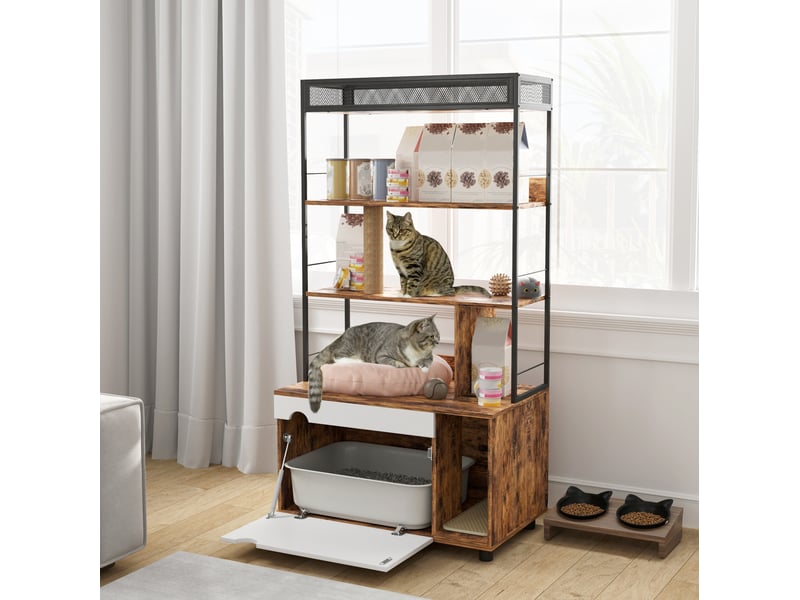  Meuble litière 2-en-1 80 x 48 x 152 cm – marron rustique – étagère 3 niveaux et griffoir intégré  - Conforama B