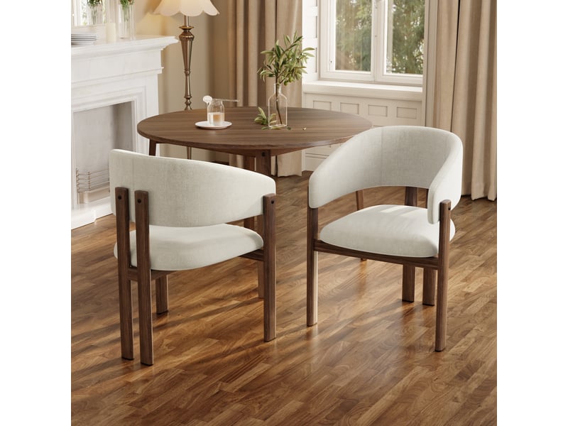  Lot de 2 chaises de salle à manger en lin beige avec accoudoirs, structure métal effet noyer, dossier rembourré, charge 150 kg, design moderne  - Conforama B