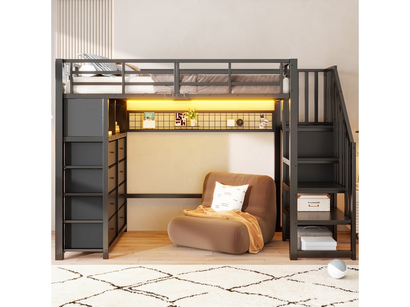  Lit mezzanine enfant 90x200 cm noir avec 8 tiroirs, escalier de rangement et led pour chambre enfant, sans matelas  - Conforama E