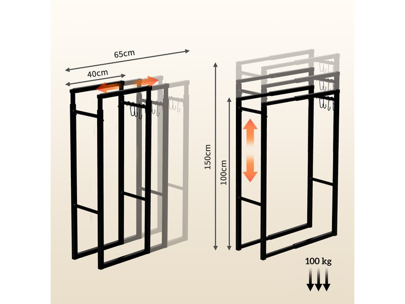  Porte-bûches extensible en métal noir, 40-65 x 25 x 100-150 cm, charge 100 kg, 4 crochets  - Conforama E