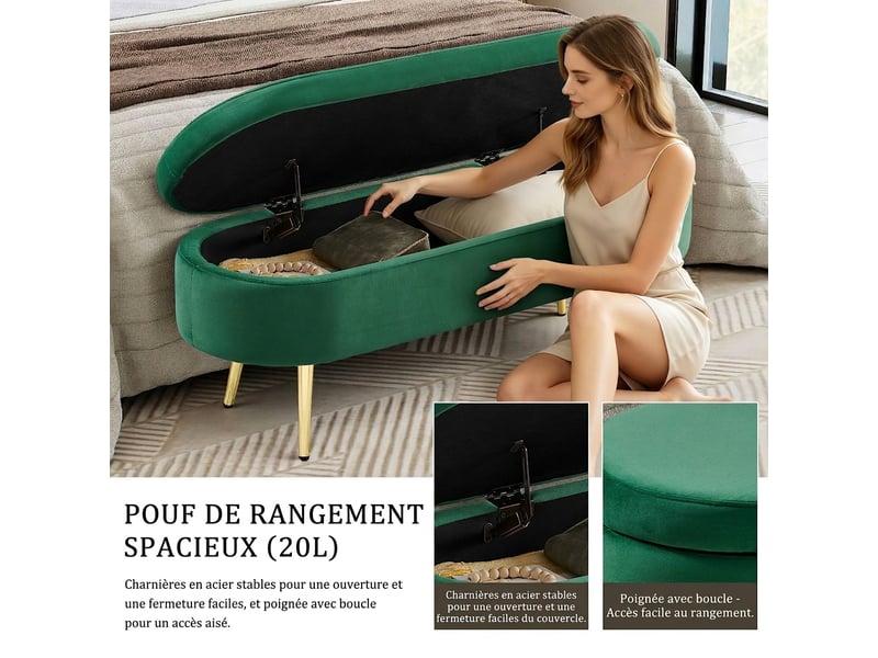  Banc de rangement vert 110 cm en velours avec coffre et pieds en métal  - Conforama E