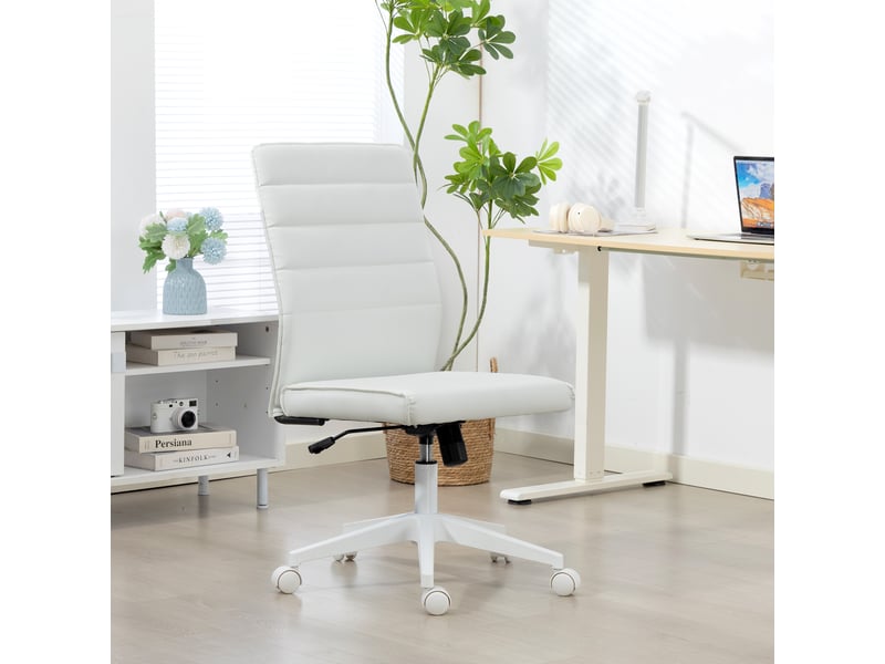  Chaise de bureau ergonomique et réglable avec dossier incurvé, en similicuir et acier, 58 x 53 x 97-107 cm, blanche  - Conforama D