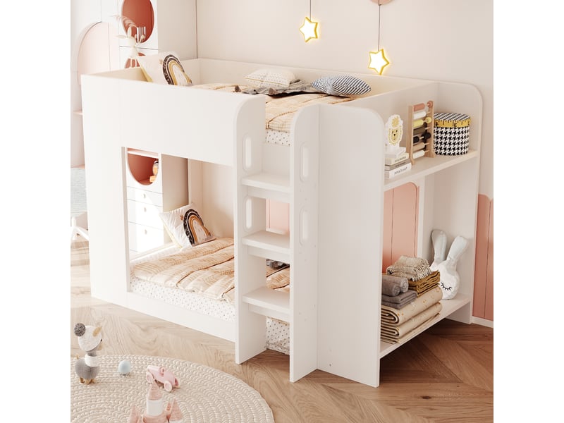  Lit superposé enfant 90 × 200 cm 2 places avec barrières, échelle et étagères, sans matelas, en mdf, blanc  - Conforama C
