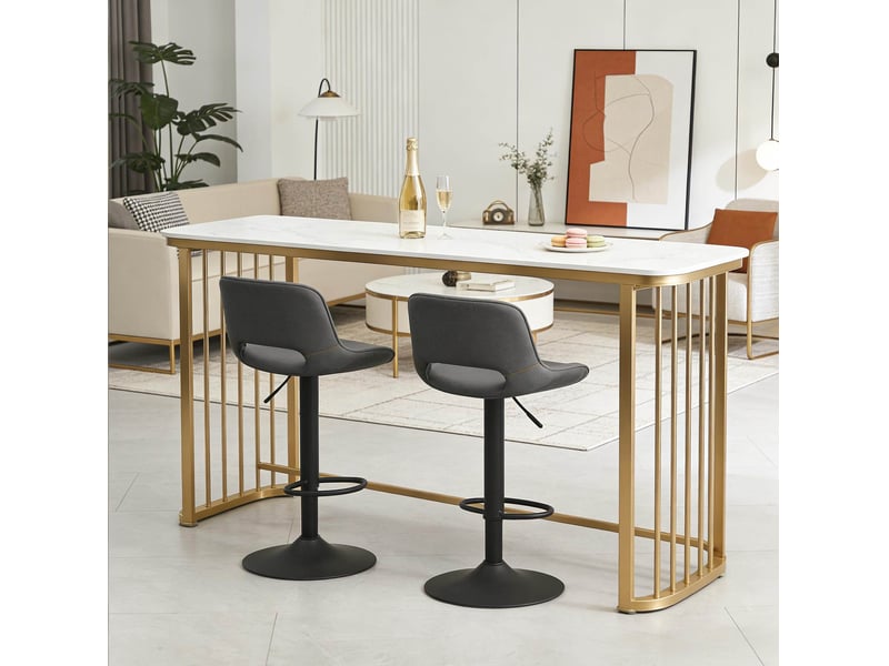 Tabouret de bar réglable et pivotant à 360° avec dossier et repose-pieds, lot de 2 en lin gris - Conforama D