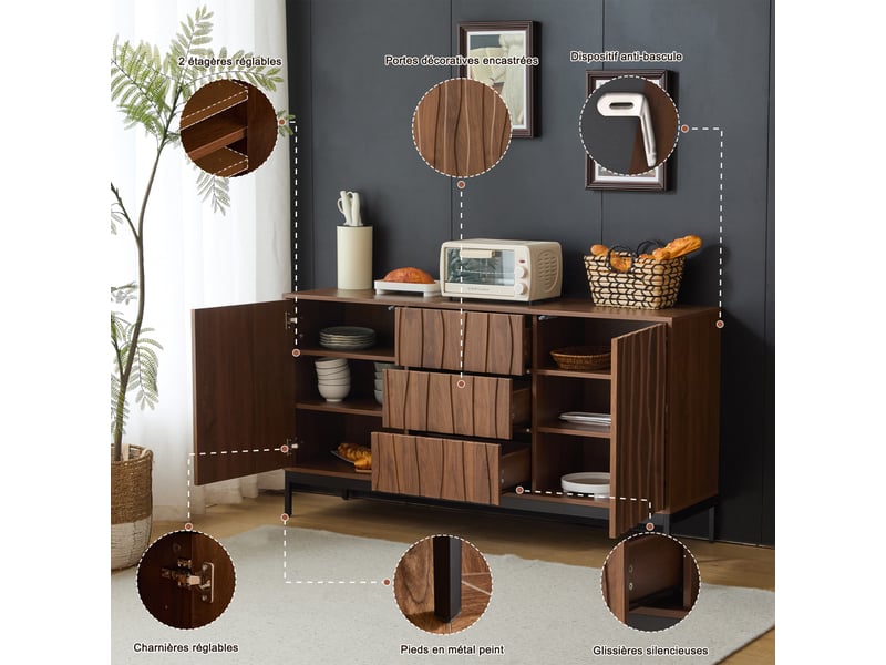  Buffet 150 cm veiné de bois, 3 tiroirs, découpes intégrées, meuble décoratif moderne pour le salon  - Conforama E